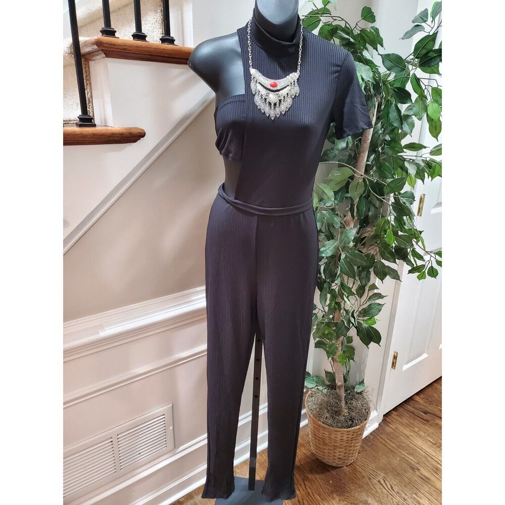 Black Solid Women's Polyester Casual Top & Skirt 2 Piece Romper Set Size Medium